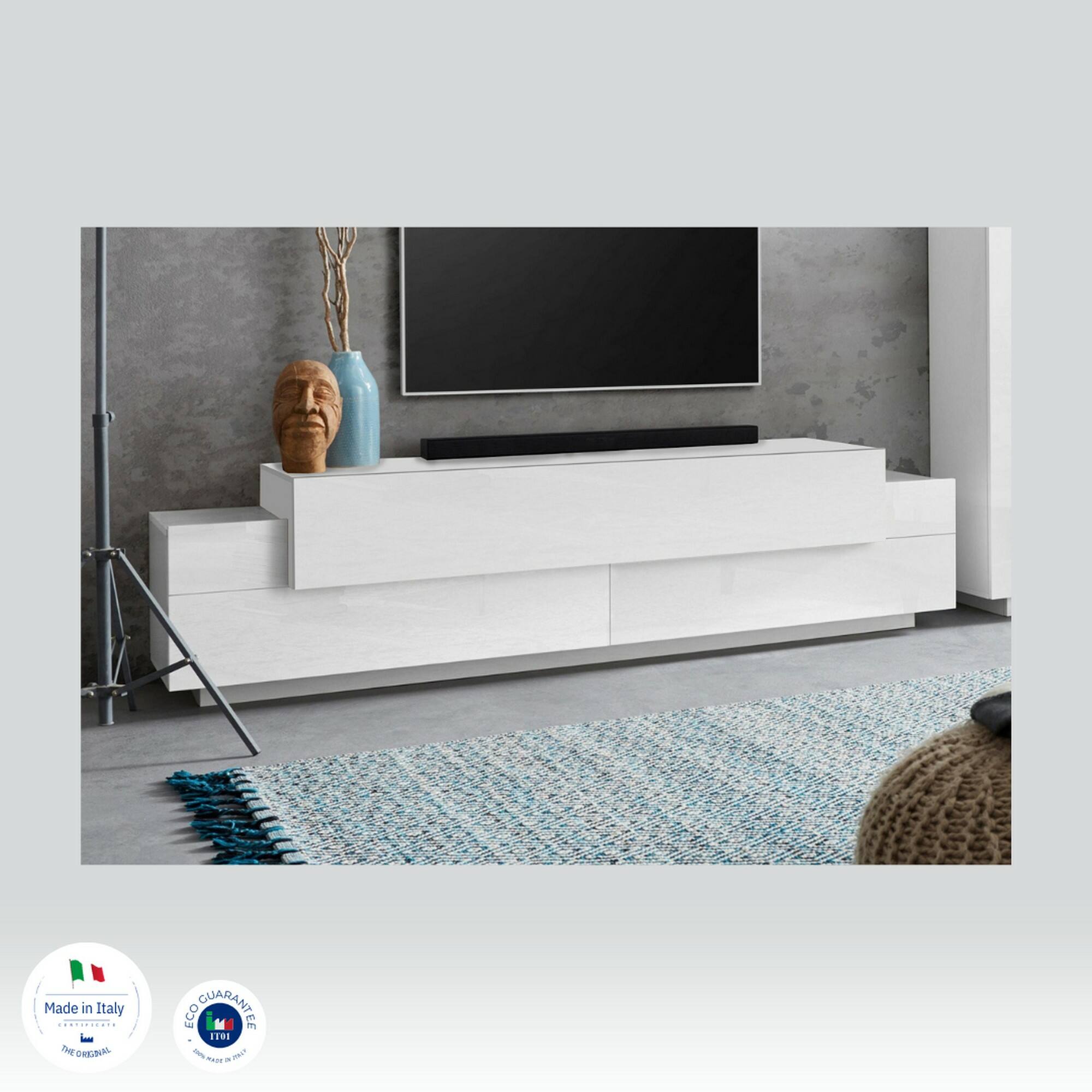 Mobile porta TV Dmirand, Credenza bassa da soggiorno, Base porta TV, 100% Made in Italy, cm 200x45h52, Bianco lucido