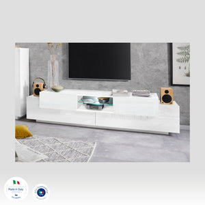 Mobile porta TV Dmusso, Credenza bassa da soggiorno, Base porta TV, 100% Made in Italy, cm 220x40h51, Bianco lucido