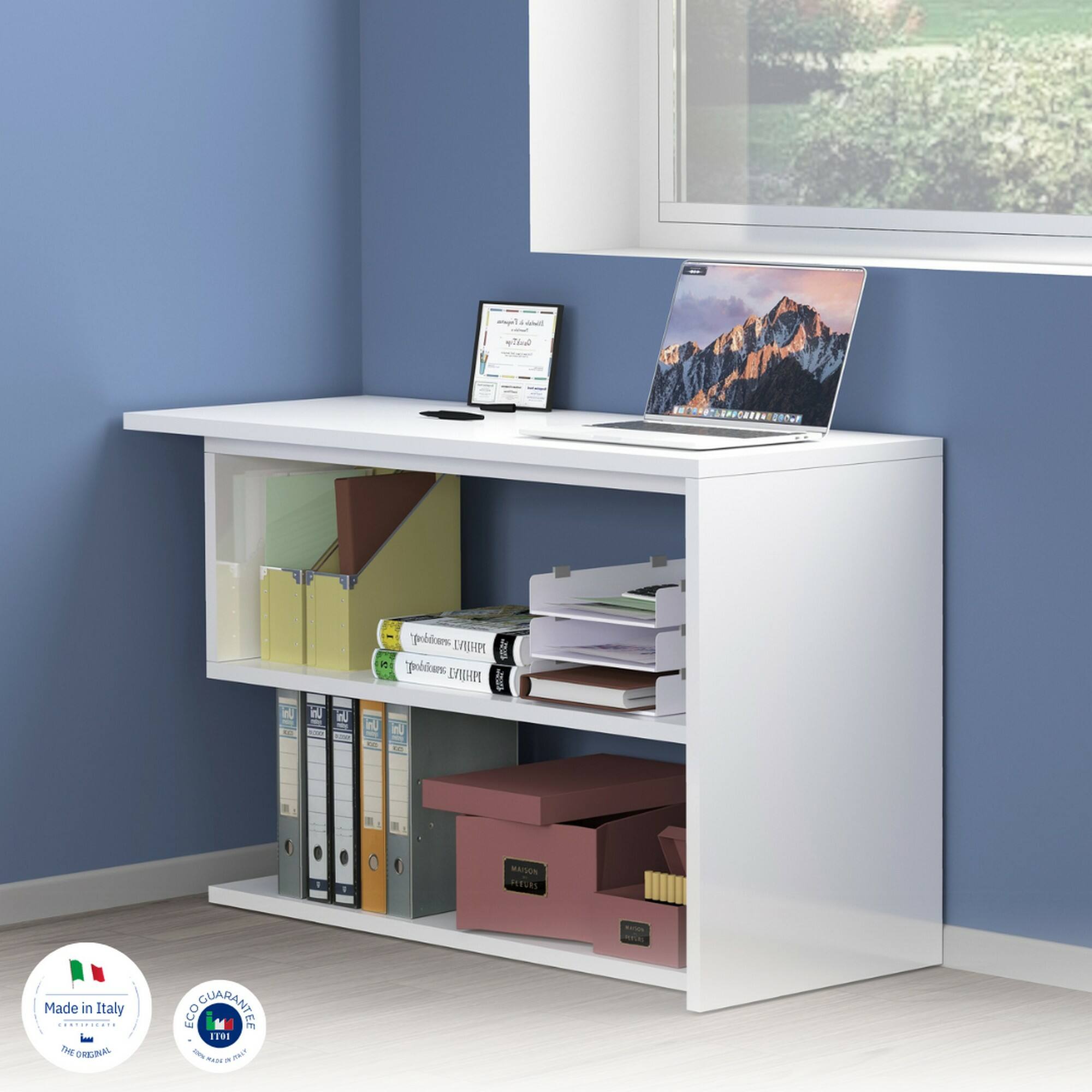 Scrivania Dascagn, Scrittoio angolare porta PC, Tavolo multiuso per ufficio, Scrivania salvaspazio multiposizione, 100% Made in Italy, cm 120x50h75, Bianco lucido