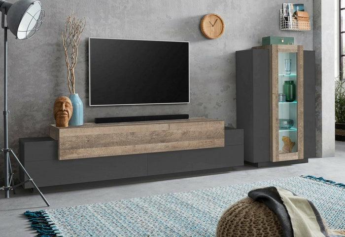 Parete attrezzata Dfest, Set salotto porta TV, Mobile soggiorno multiuso, 100% Made in Italy, cm 280x45h120, Antracite e Rovere