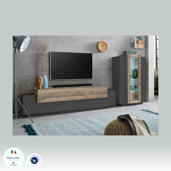 Parete attrezzata Dfest, Set salotto porta TV, Mobile soggiorno multiuso, 100% Made in Italy, cm 280x45h120, Antracite e Rovere