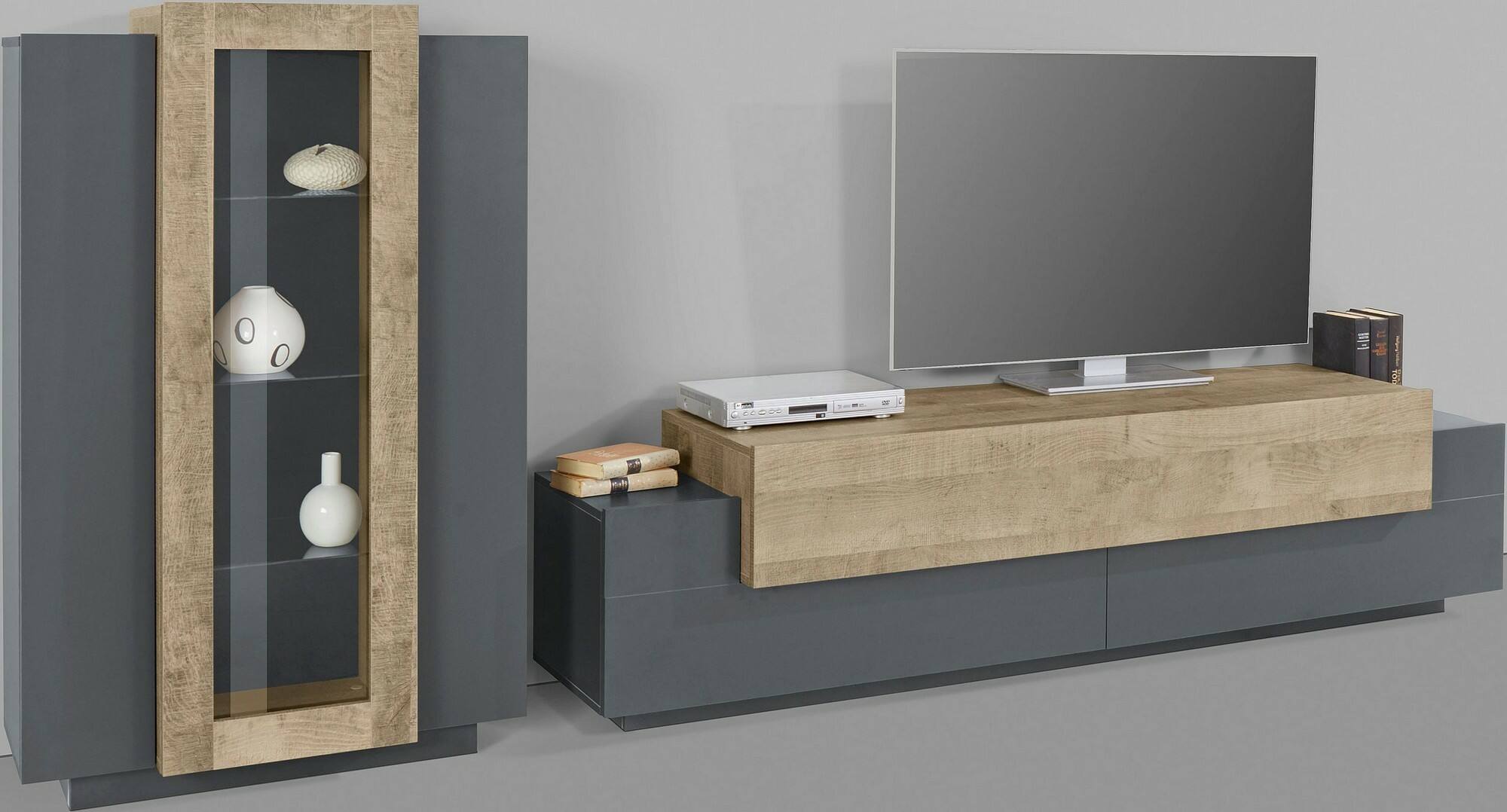 Parete attrezzata Dfest, Set salotto porta TV, Mobile soggiorno multiuso, 100% Made in Italy, cm 280x45h120, Antracite e Rovere