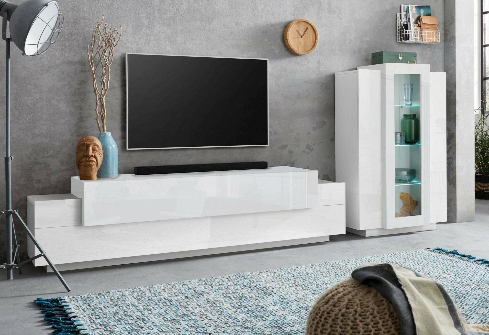 Parete attrezzata Dfest, Set salotto porta TV, Mobile soggiorno multiuso, 100% Made in Italy, cm 280x45h120, Bianco