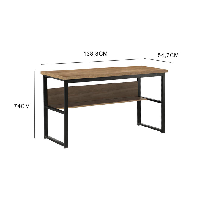 Scrivania Dmusell, Scrittoio lineare, Scrivania ufficio multiuso, Tavolo da lavoro salvaspazio, 55x139h74 cm, Nero e Rovere