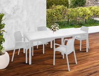 Set tavolo e sedie Dantonaz, Ripiano rettangolare allungabile da esterno con 4 sedie incluse, Tavolo e sedute da giardino effetto rattan, 100% Made in Italy, Bianco