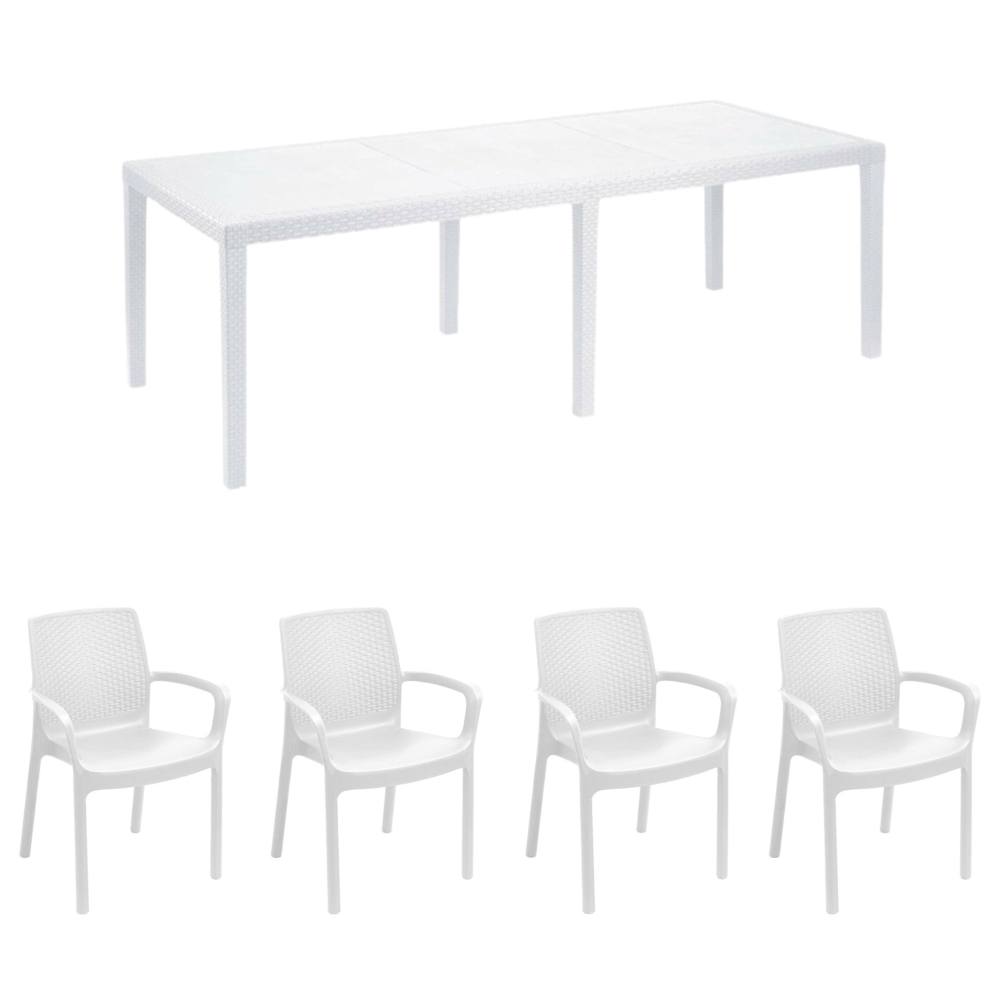 Set tavolo e sedie Dantonaz, Ripiano rettangolare allungabile da esterno con 4 sedie incluse, Tavolo e sedute da giardino effetto rattan, 100% Made in Italy, Bianco