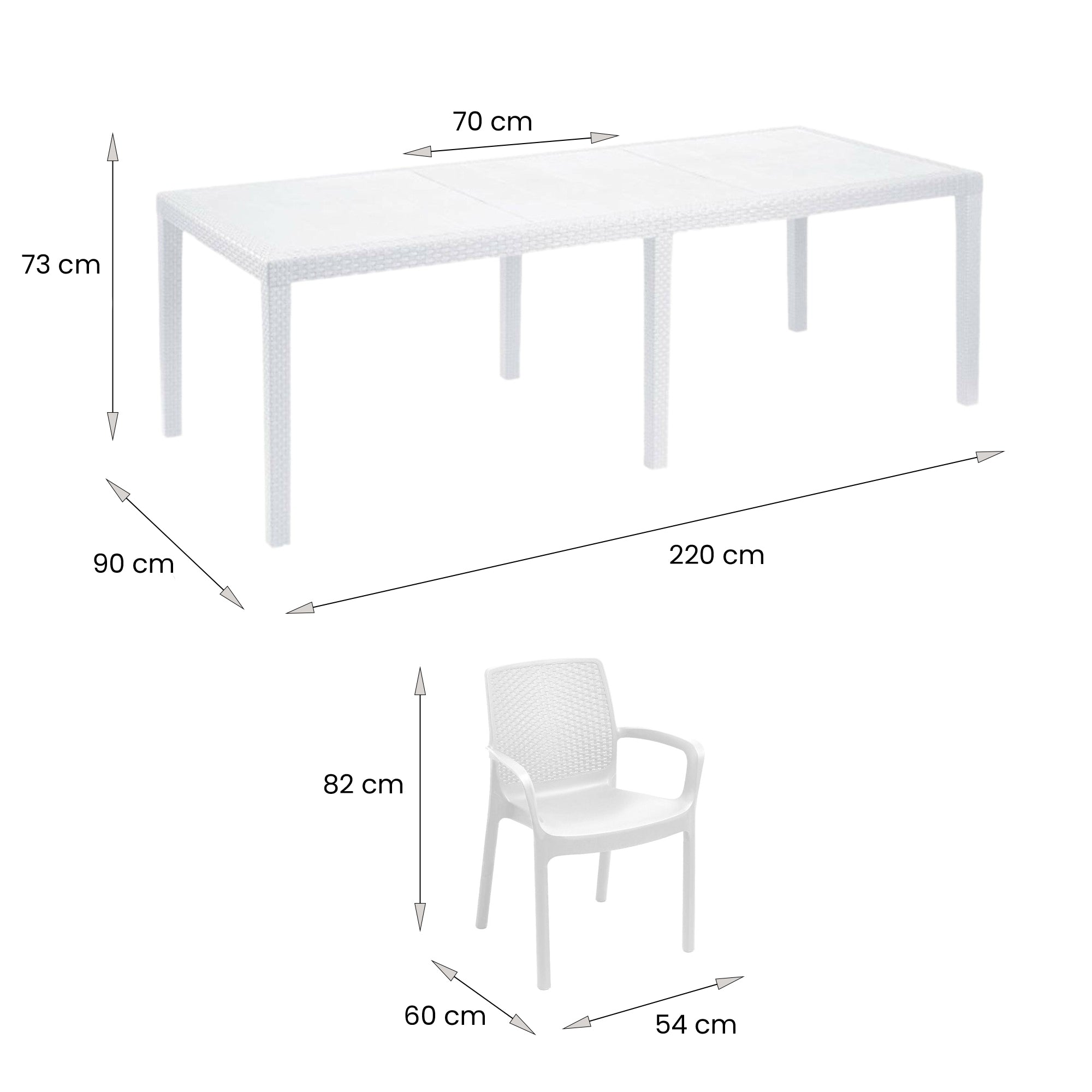 Set tavolo e sedie Dantonaz, Ripiano rettangolare allungabile da esterno con 4 sedie incluse, Tavolo e sedute da giardino effetto rattan, 100% Made in Italy, Bianco