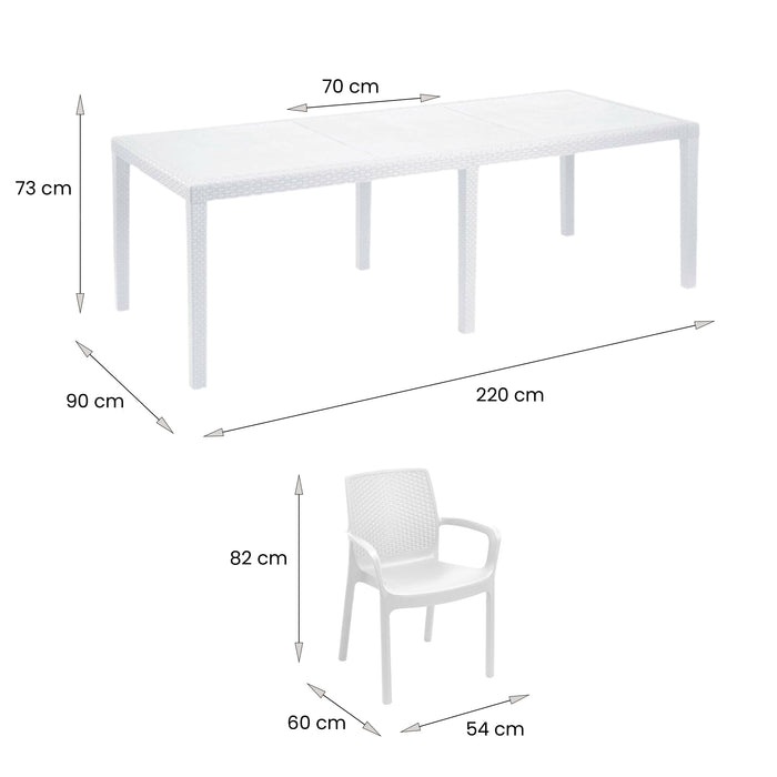 Set tavolo e sedie Dantonaz, Ripiano rettangolare allungabile da esterno con 4 sedie incluse, Tavolo e sedute da giardino effetto rattan, 100% Made in Italy, Bianco