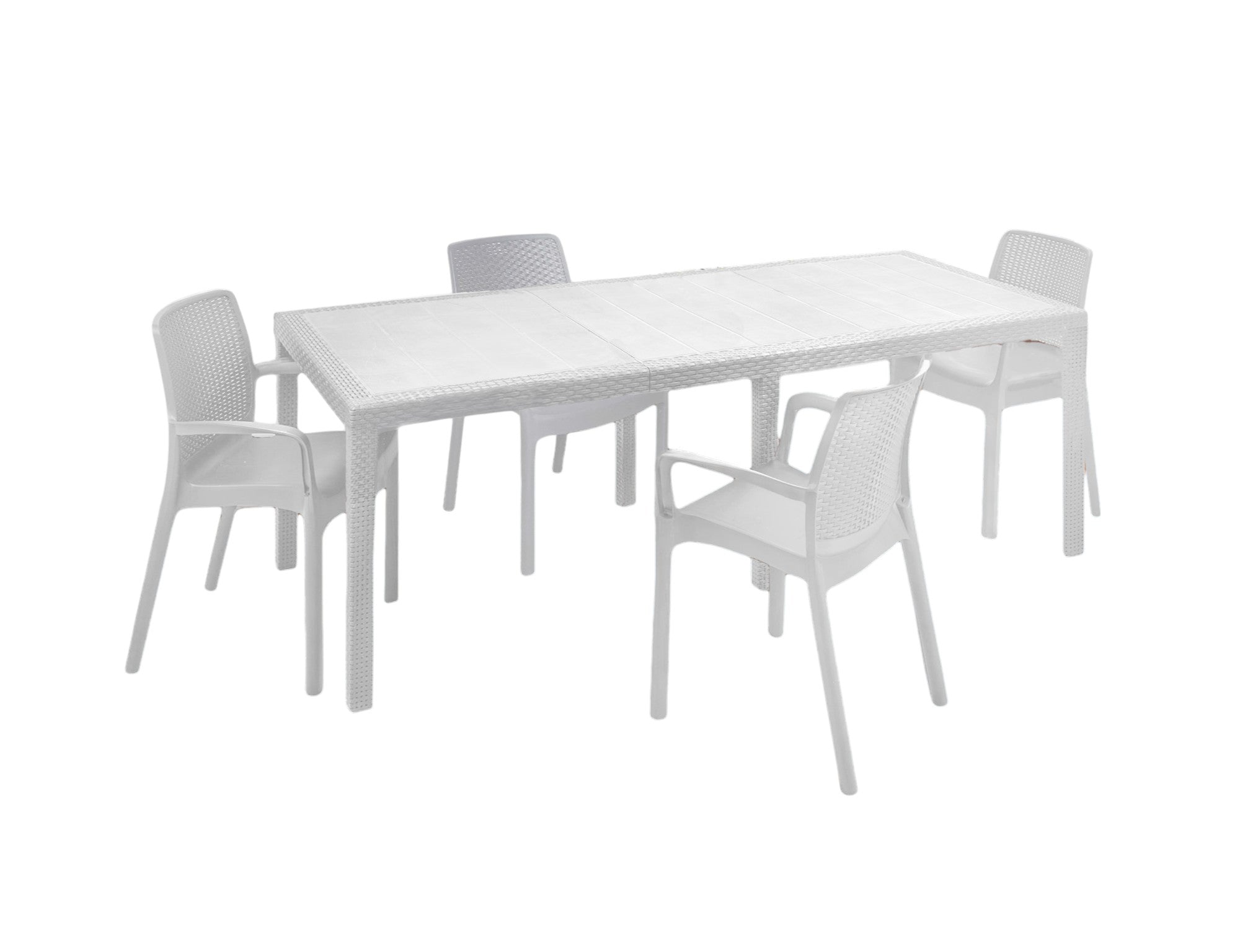 Set tavolo e sedie Dantonaz, Ripiano rettangolare allungabile da esterno con 4 sedie incluse, Tavolo e sedute da giardino effetto rattan, 100% Made in Italy, Bianco