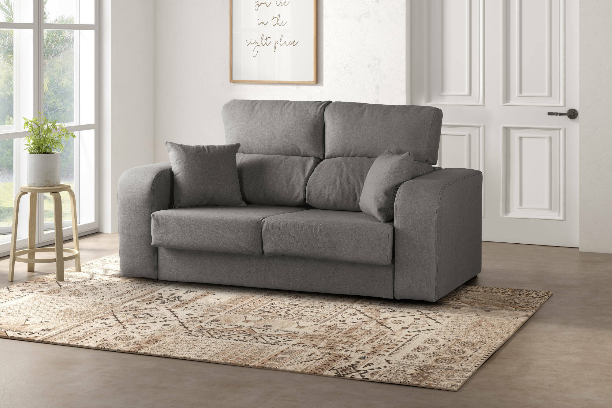 Divano fisso Dcella, Sofà in tessuto imbottito a 2 posti, Divano multiposizione reclinabile, 160x80h95 cm, Grigio