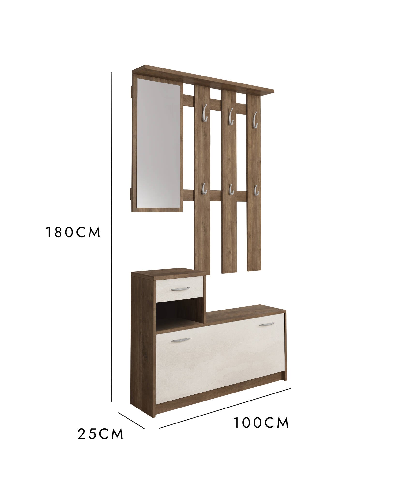 Mobile da ingresso Dbiagin, Entratina moderna con specchio, Mobile con scarpiera, Armadietto multifunzione, 100x25h180 cm, Bianco e Quercia