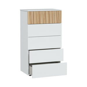 Cassettiera Dorig, Settimanale a 5 cassetti, Mobile Comò per camera da letto, Comò moderno, 61x40h109 cm, Bianco e Rovere