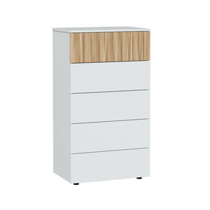 Cassettiera Dorig, Settimanale a 5 cassetti, Mobile Comò per camera da letto, Comò moderno, 61x40h109 cm, Bianco e Rovere