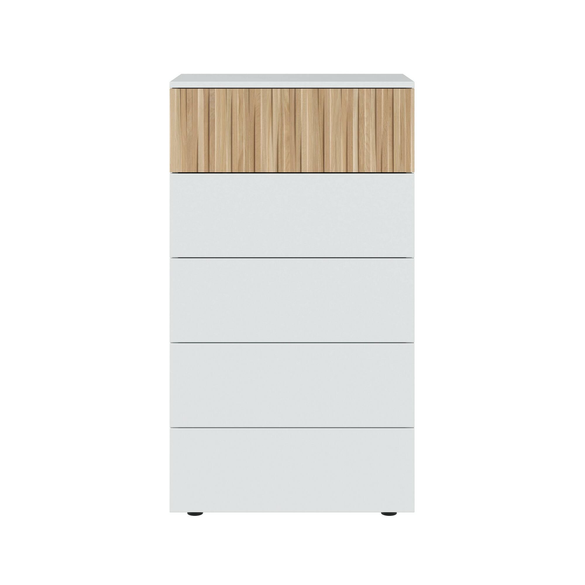 Cassettiera Dorig, Settimanale a 5 cassetti, Mobile Comò per camera da letto, Comò moderno, 61x40h109 cm, Bianco e Rovere