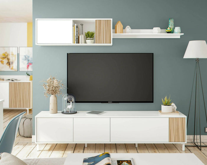 Mobile porta TV Dolze, Armadietto soggiorno con ante, Armadio pensile con mensola, Credenza multiuso, 200x40h47 cm, Bianco e Rovere