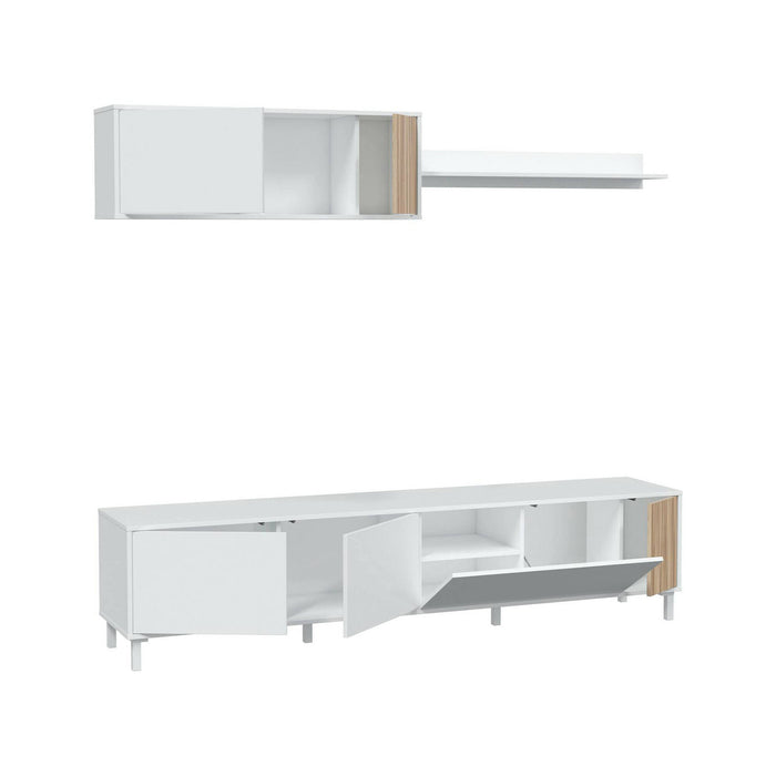 Mobile porta TV Dolze, Armadietto soggiorno con ante, Armadio pensile con mensola, Credenza multiuso, 200x40h47 cm, Bianco e Rovere