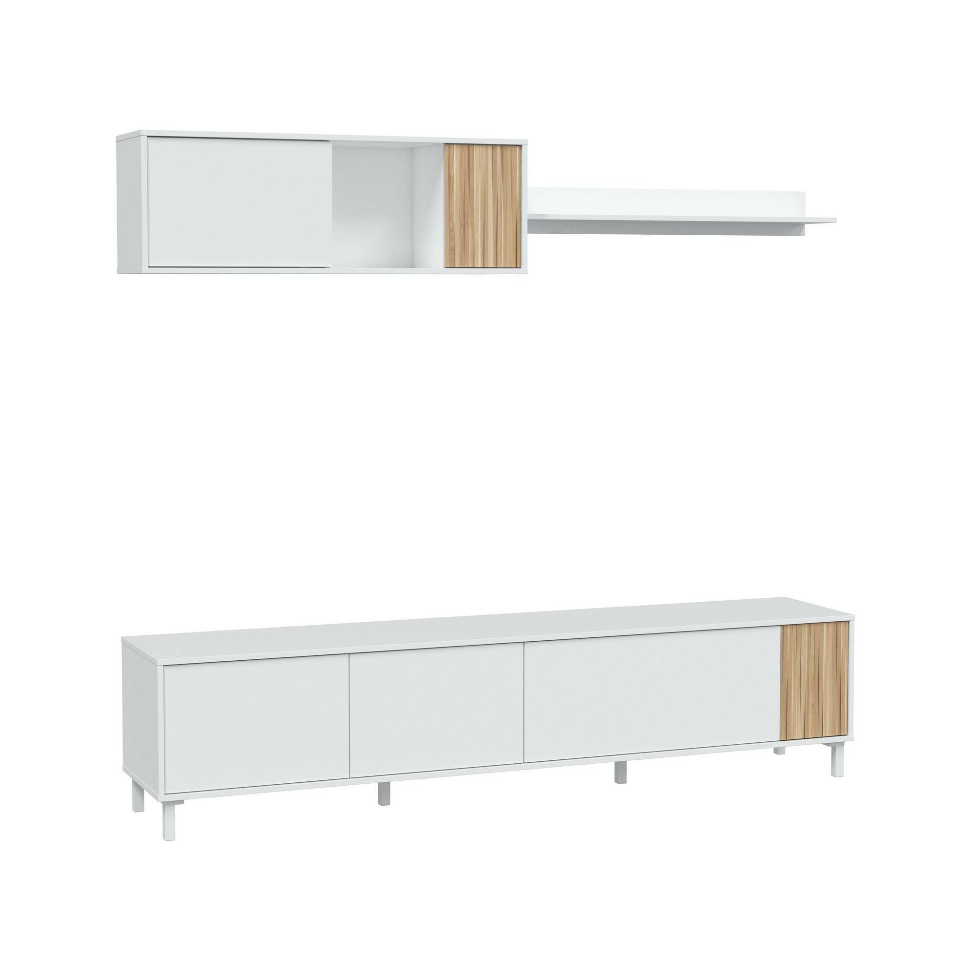 Mobile porta TV Dolze, Armadietto soggiorno con ante, Armadio pensile con mensola, Credenza multiuso, 200x40h47 cm, Bianco e Rovere