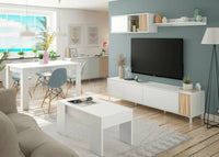 Mobile porta TV Dolze, Armadietto soggiorno con ante, Armadio pensile con mensola, Credenza multiuso, 200x40h47 cm, Bianco e Rovere