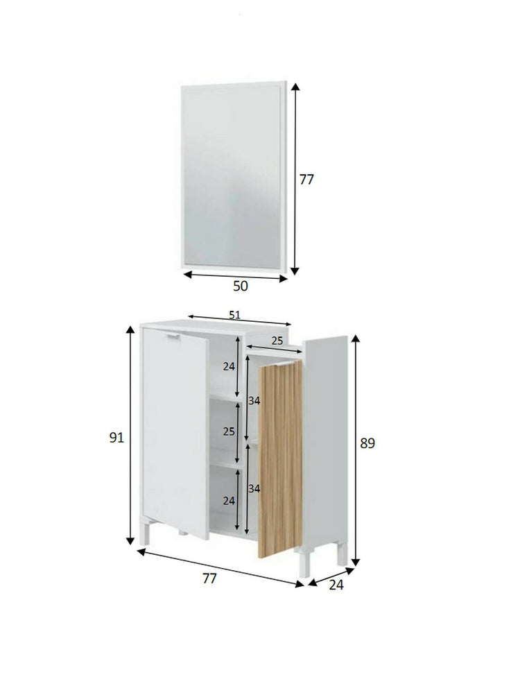 Mobile da ingresso Dodd, Entratina a 2 ante, Armadio con specchio, Portaoggetti multifunzione, 77x24h91 cm, Bianco e Rovere