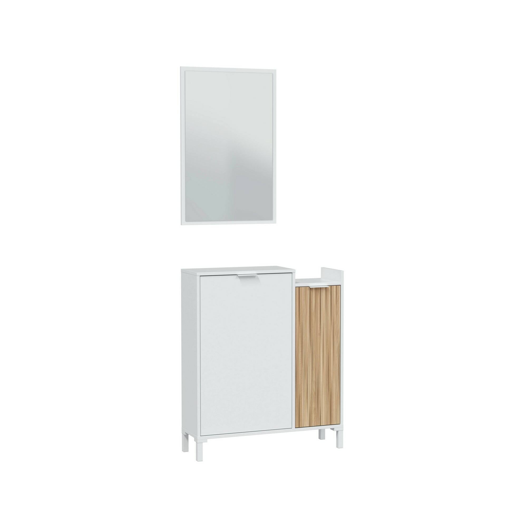 Mobile da ingresso Dodd, Entratina a 2 ante, Armadio con specchio, Portaoggetti multifunzione, 77x24h91 cm, Bianco e Rovere