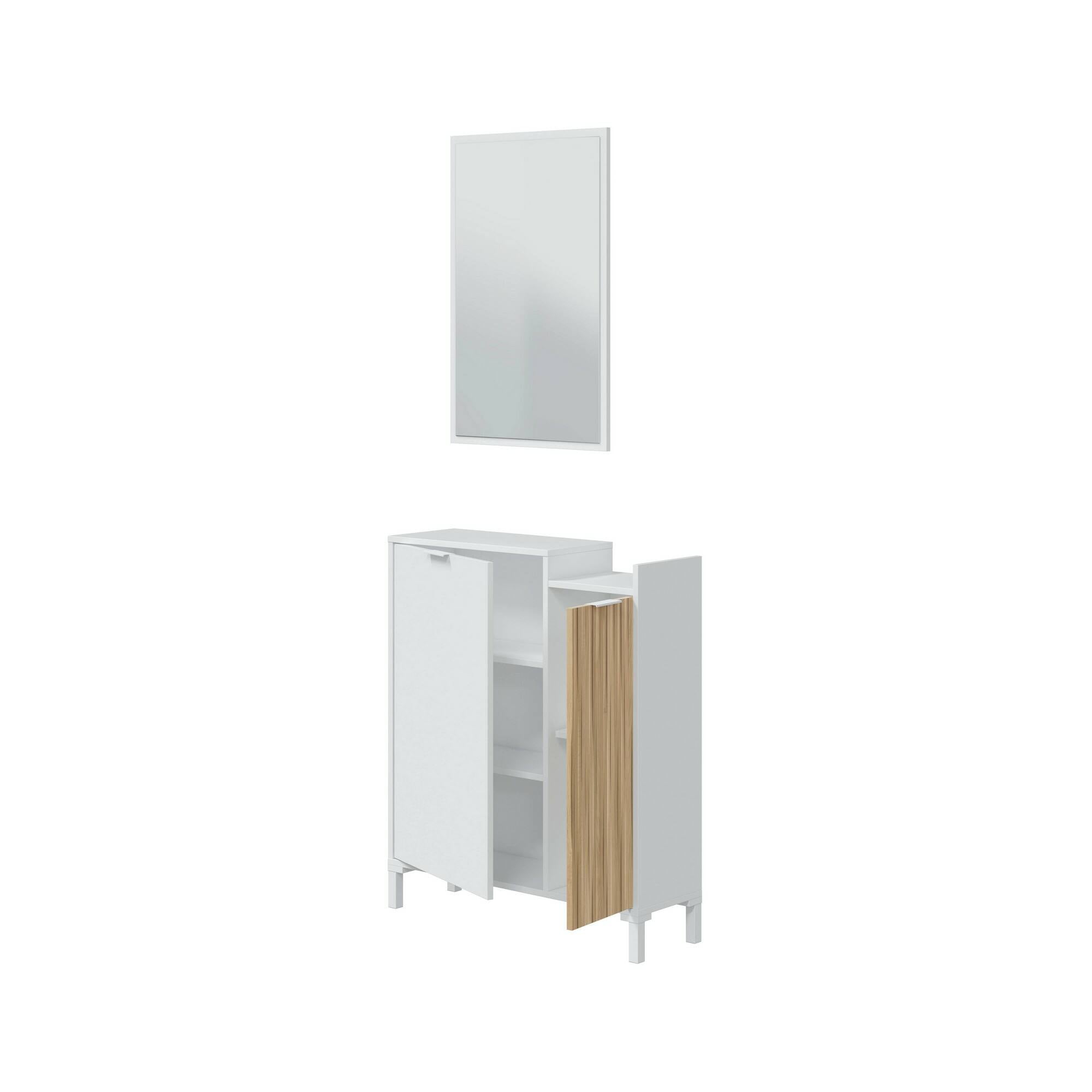 Mobile da ingresso Dodd, Entratina a 2 ante, Armadio con specchio, Portaoggetti multifunzione, 77x24h91 cm, Bianco e Rovere