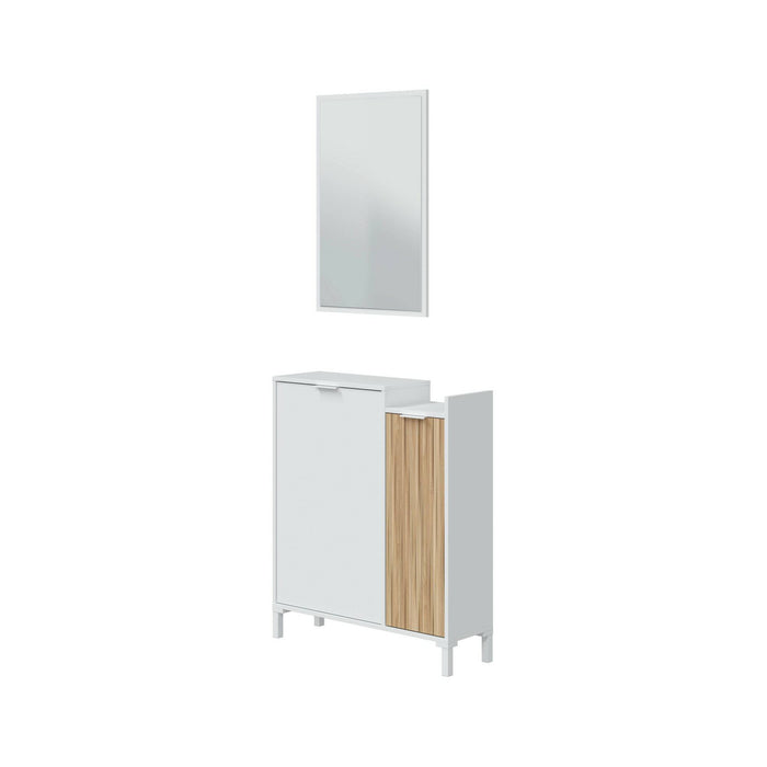 Mobile da ingresso Dodd, Entratina a 2 ante, Armadio con specchio, Portaoggetti multifunzione, 77x24h91 cm, Bianco e Rovere