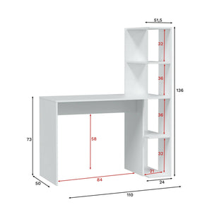 Scrivania Dlup, Scrittoio lineare con libreria, Tavolo ufficio multiuso salvaspazio, 110x50h136 cm, Bianco