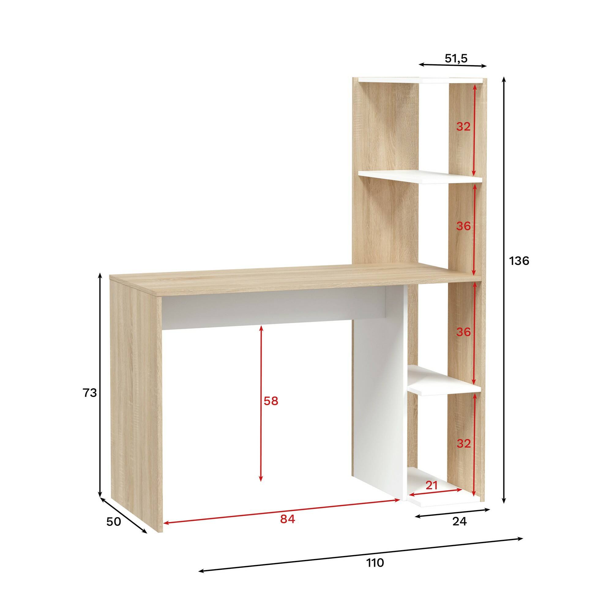 Scrivania Dlup, Scrittoio lineare con libreria, Tavolo ufficio multiuso salvaspazio, 110x52h136 cm, Bianco e Rovere