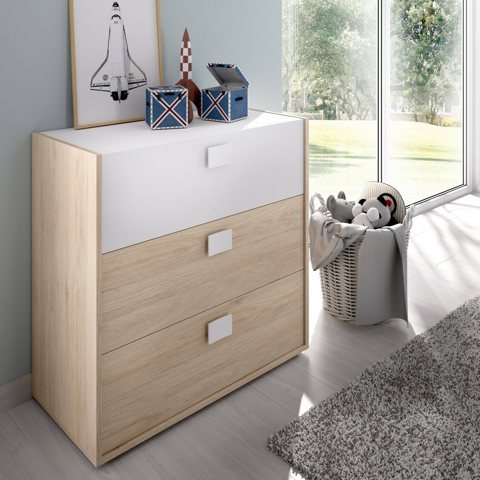 Cassettiera Dmbay, Settimanale per camera da letto, Comò con 3 cassetti, 80x43h81 cm, Rovere e Bianco