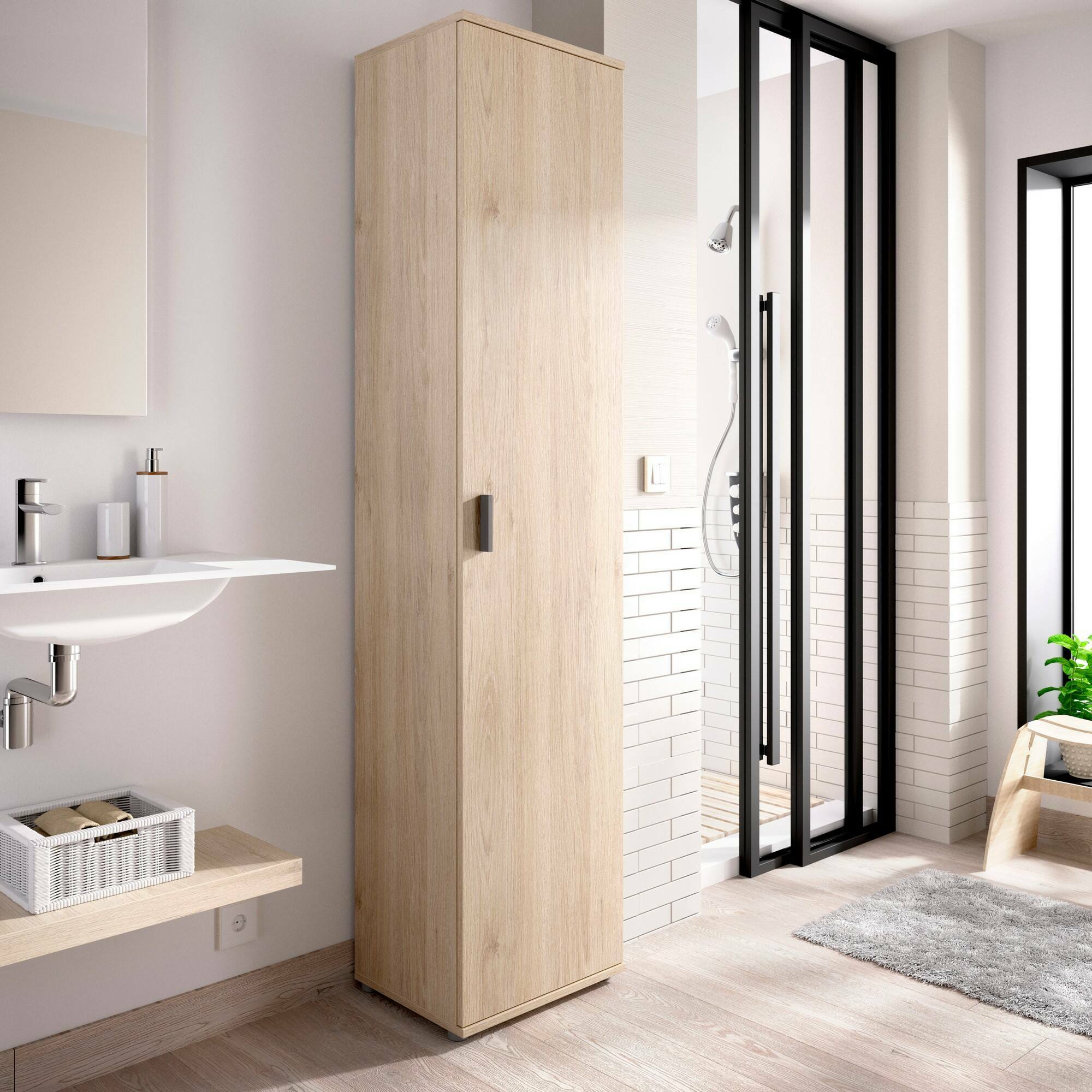 Colonna bagno Dfuzat, Mobile pensile bagno, Armadio alto multiuso a 1 anta, 39x35h190 cm, Rovere