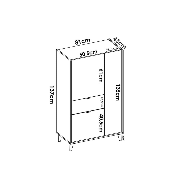 Credenza Dcelia, Buffet dispensa da soggiorno, Madia moderna da salotto a 3 ante, 81x43h137 cm, Bianco e Rovere