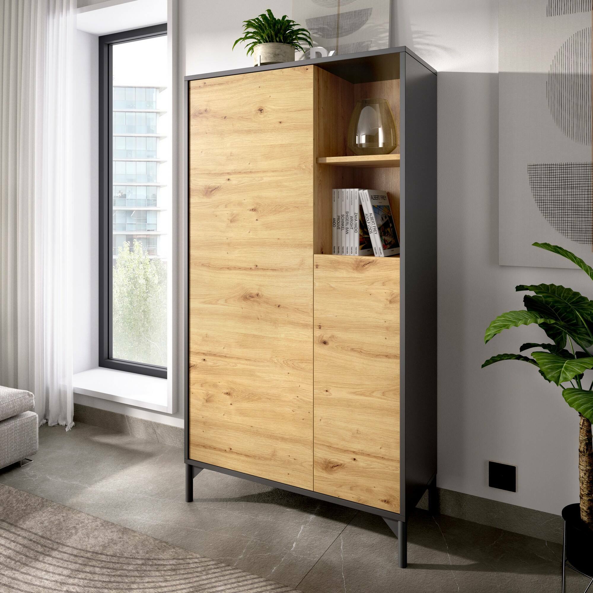 Credenza Dkessi, Buffet da soggiorno, Madia moderna da salotto a 2 ante, 72x34h144 cm, Rovere Nodi e Antracite