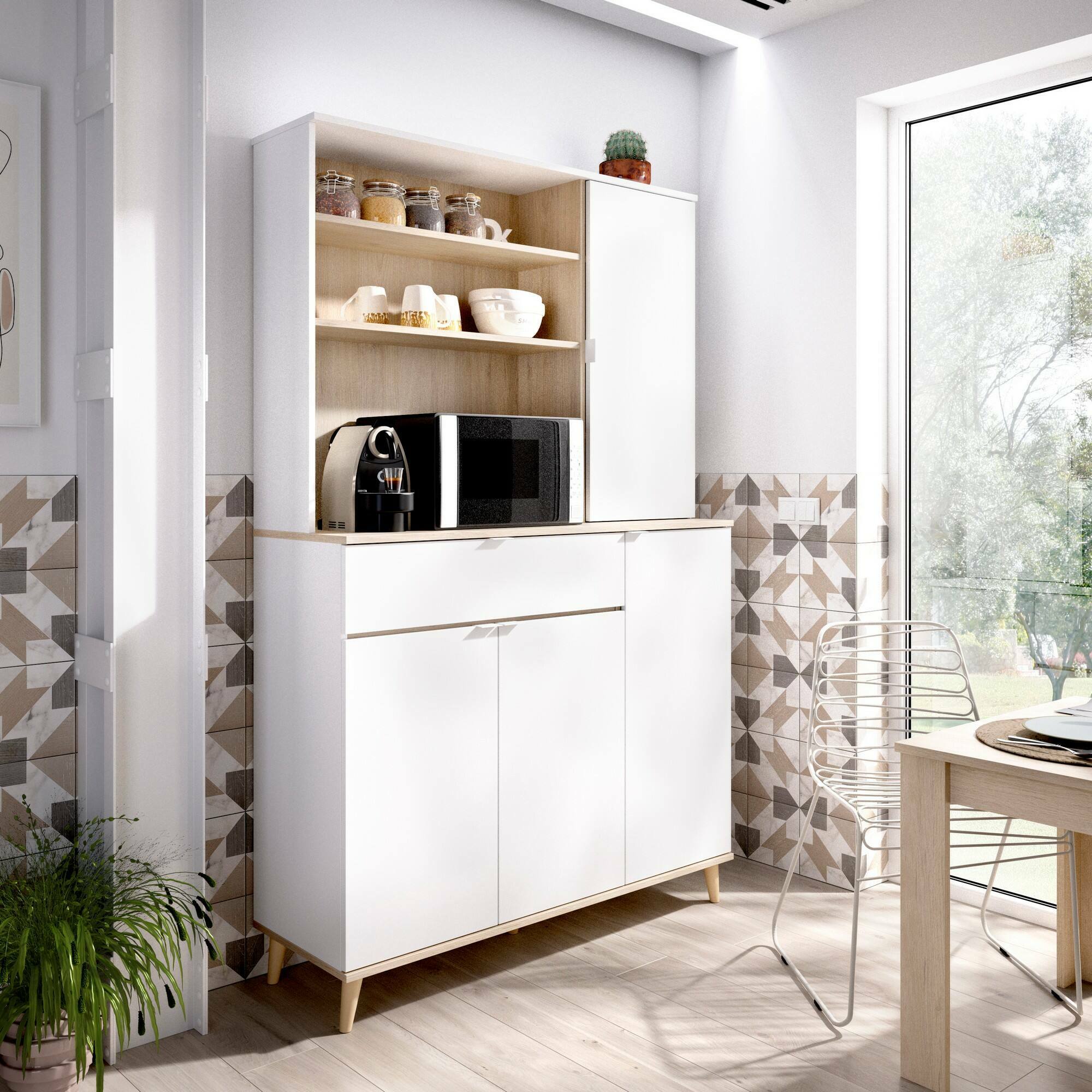 Credenza Dmere, Buffet dispensa da soggiorno, Madia da salotto moderna a 4 ante, 120x40h191 cm, Bianco e Rovere