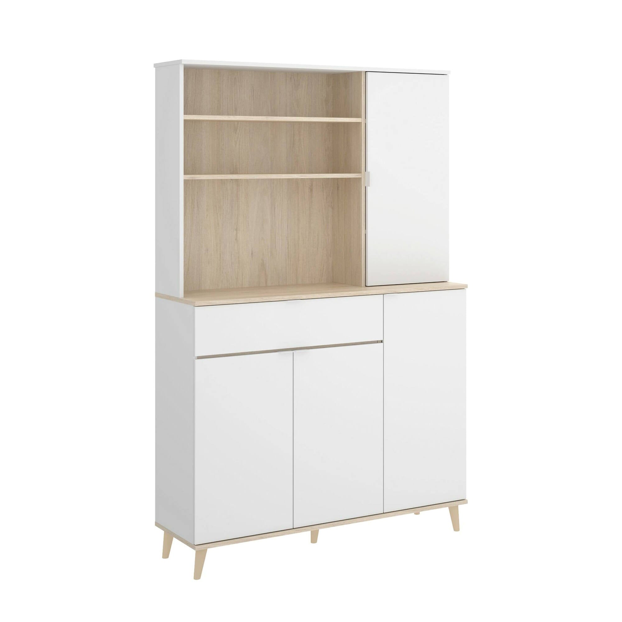 Credenza Dmere, Buffet dispensa da soggiorno, Madia da salotto moderna a 4 ante, 120x40h191 cm, Bianco e Rovere