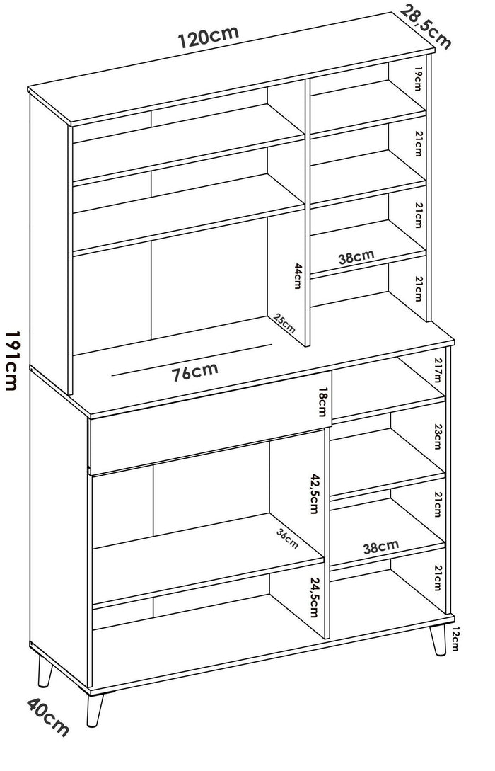 Credenza Dmere, Buffet dispensa da soggiorno, Madia da salotto moderna a 4 ante, 120x40h191 cm, Bianco e Rovere