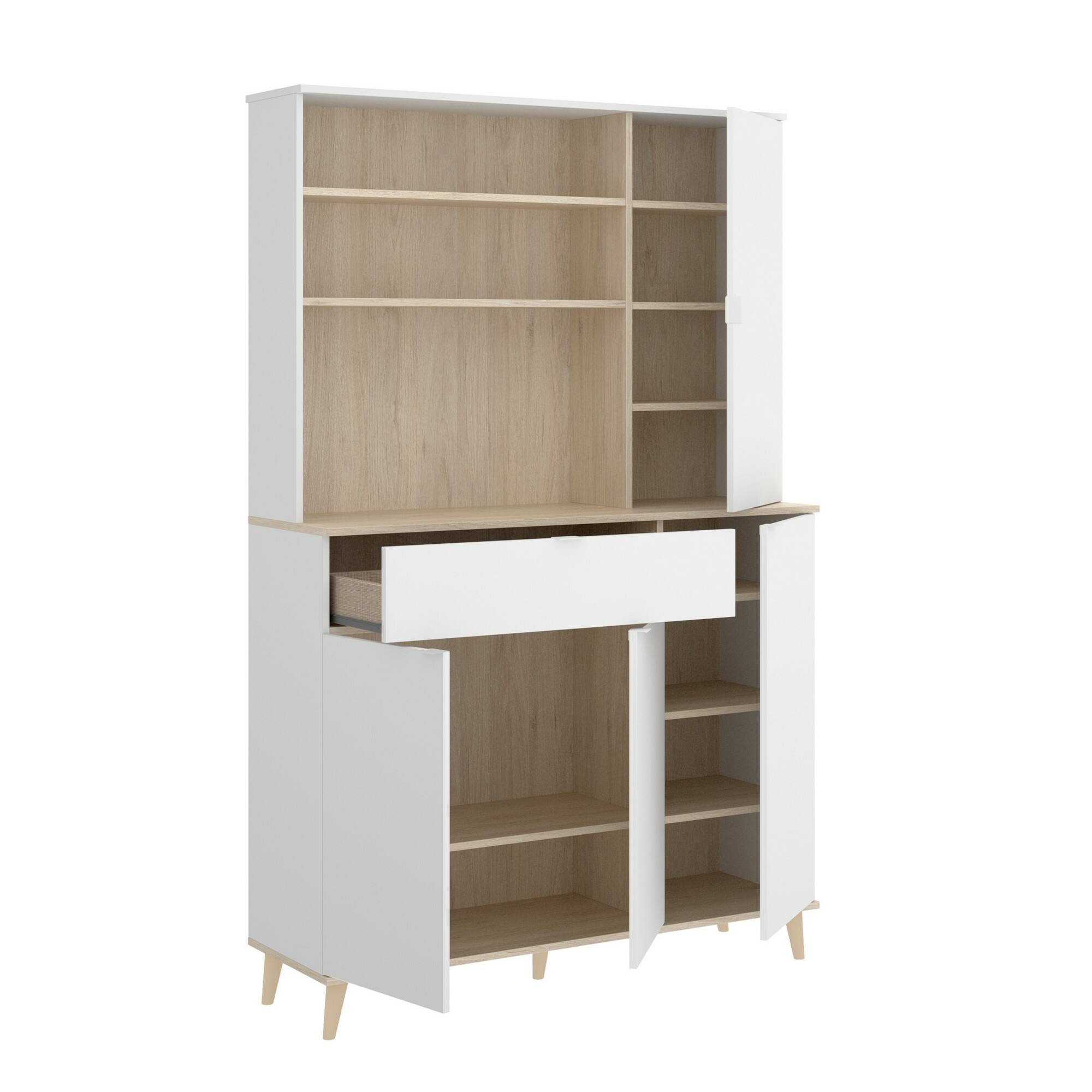 Credenza Dmere, Buffet dispensa da soggiorno, Madia da salotto moderna a 4 ante, 120x40h191 cm, Bianco e Rovere