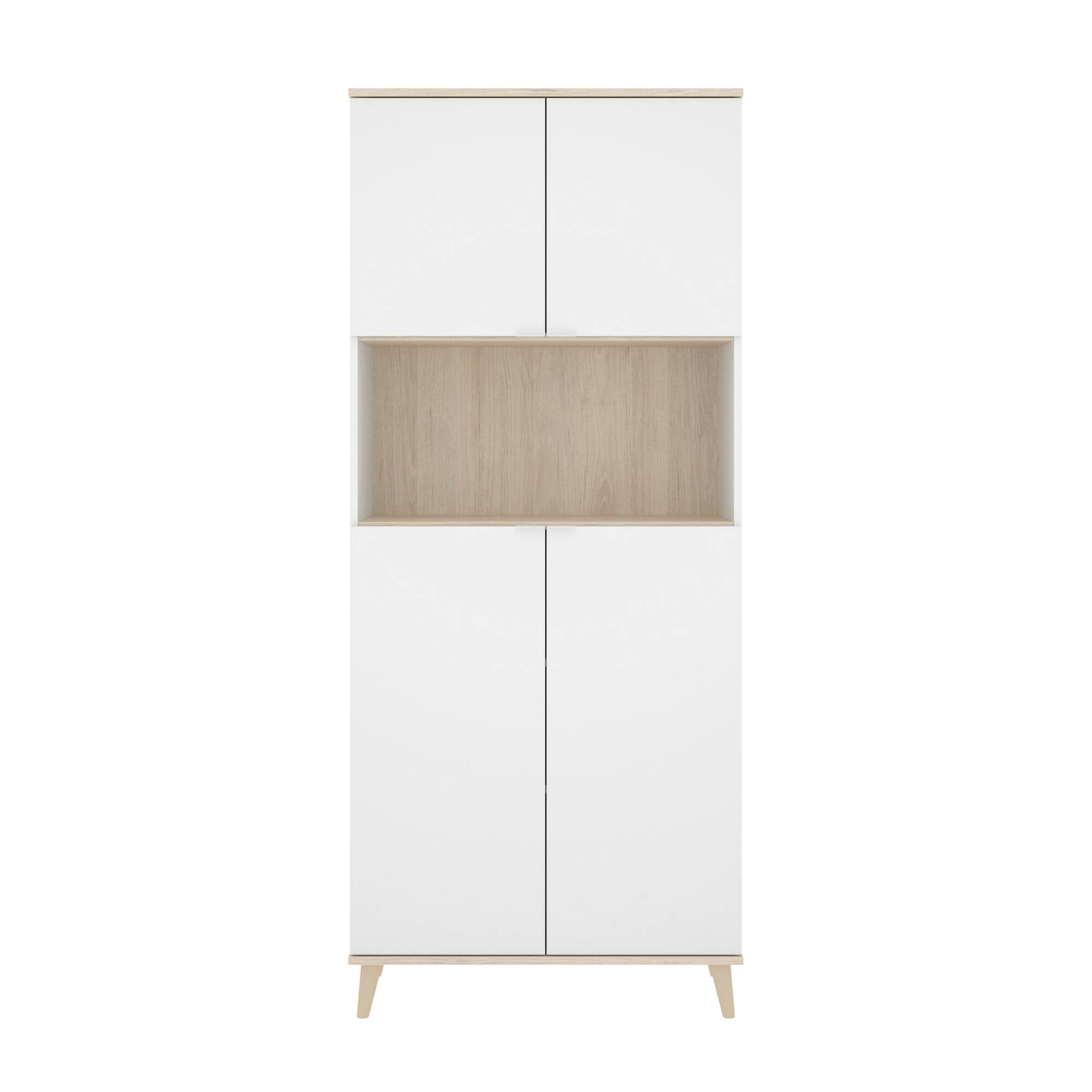 Credenza Dmerka, Buffet dispensa da soggiorno, Madia da salotto moderna a 4 ante, 80x40h191 cm, Bianco e Rovere