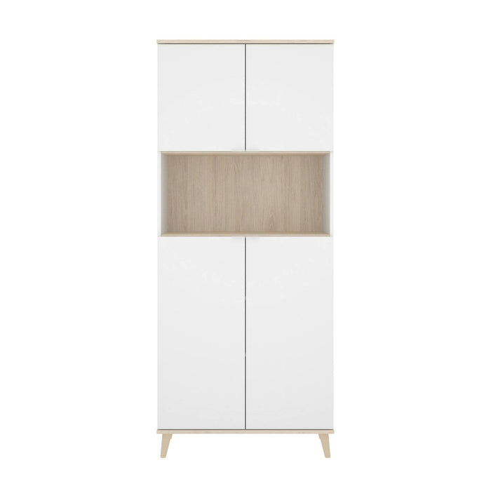 Credenza Dmerka, Buffet dispensa da soggiorno, Madia da salotto moderna a 4 ante, 80x40h191 cm, Bianco e Rovere