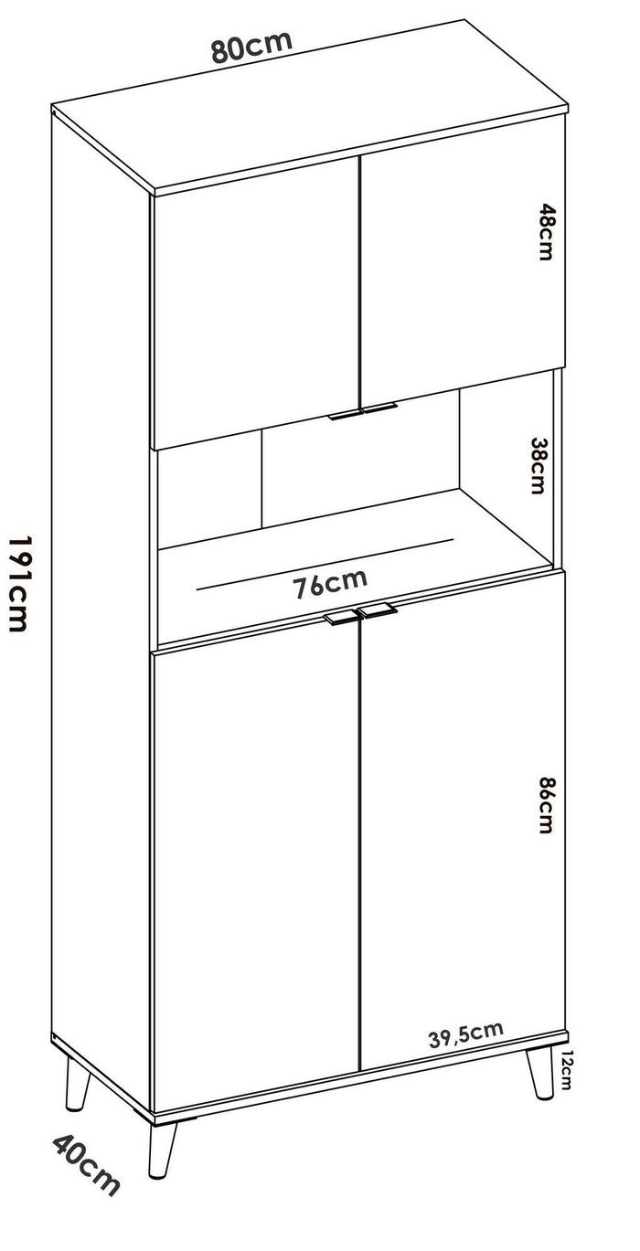 Credenza Dmerka, Buffet dispensa da soggiorno, Madia da salotto moderna a 4 ante, 80x40h191 cm, Bianco e Rovere