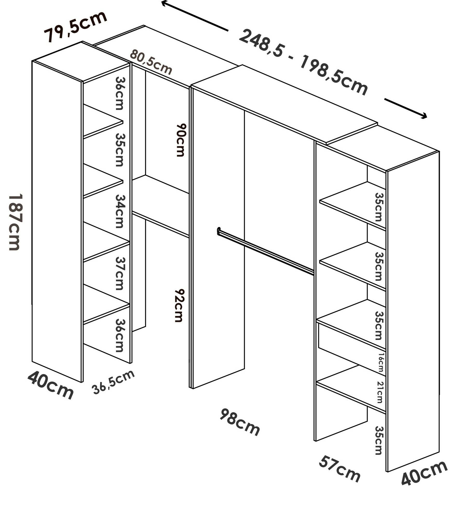 Guardaroba Dacasuz, Struttura per cabina armadio angolare, Mobile appendiabiti aperto ad angolo, 248x79h187 cm, Rovere