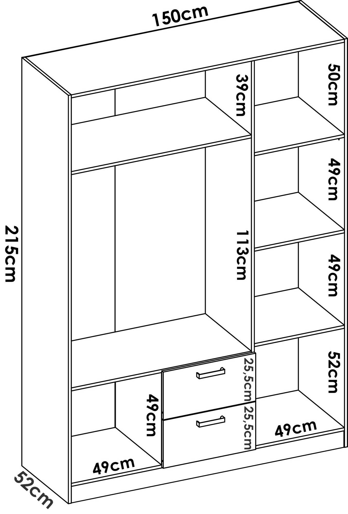 Guardaroba Dacca, Mobile appendiabiti per camera da letto, Armadio a 3 ante battenti e 2 cassetti, 150x52h215 cm, Bianco