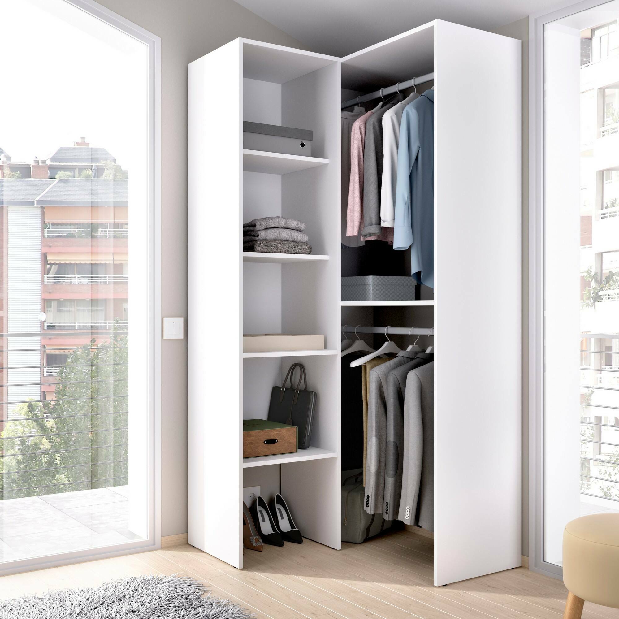 Guardaroba Dalmic, Struttura per cabina armadio angolare, Mobile appendiabiti aperto ad angolo, 79x88h186 cm, Bianco