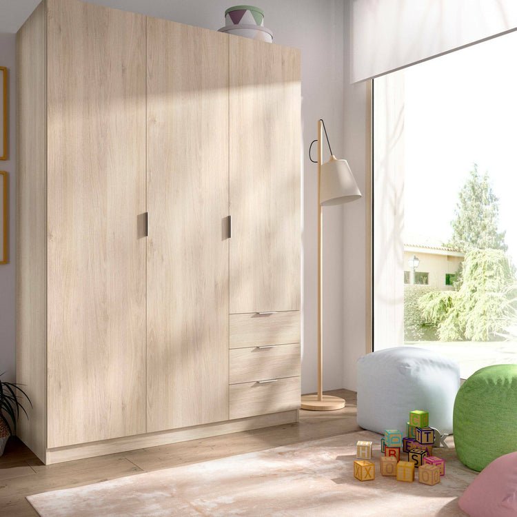 Guardaroba Dbarro, Mobile appendiabiti per camera da letto, Armadio a 3 ante battenti e 3 cassetti, 121x52h184 cm, Rovere