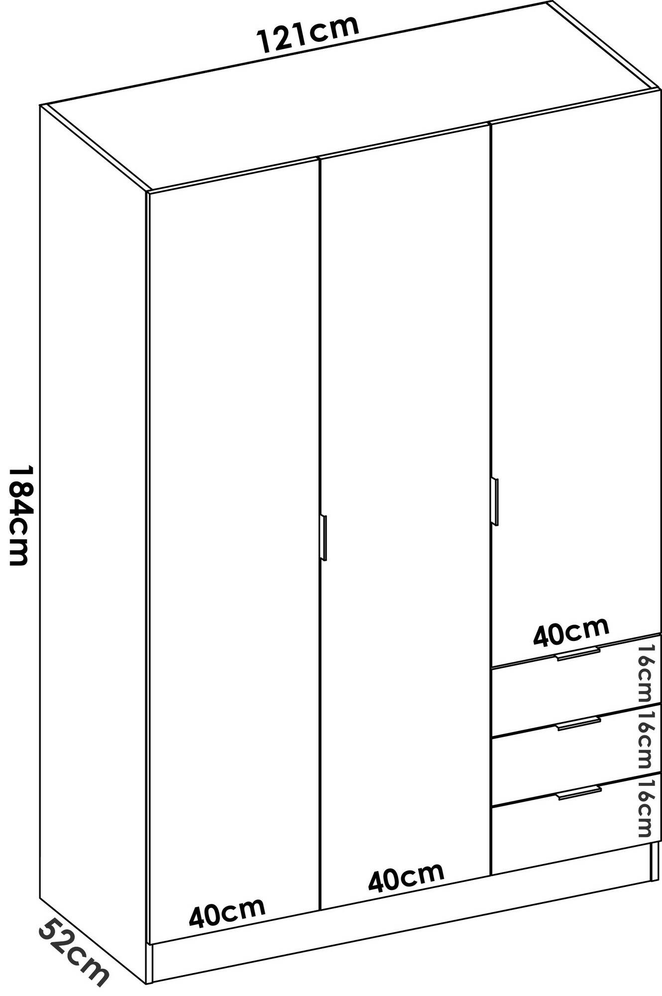 Guardaroba Dbarro, Mobile appendiabiti per camera da letto, Armadio a 3 ante battenti e 3 cassetti, 121x52h184 cm, Rovere