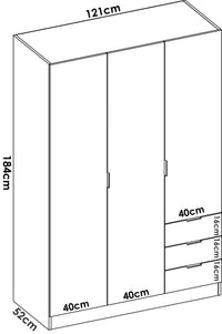 Guardaroba Dbarro, Mobile appendiabiti per camera da letto, Armadio a 3 ante battenti e 3 cassetti, 121x52h184 cm, Rovere