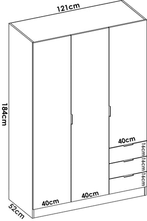 Guardaroba Dbarro, Mobile appendiabiti per camera da letto, Armadio a 3 ante battenti e 3 cassetti, 121x52h184 cm, Rovere