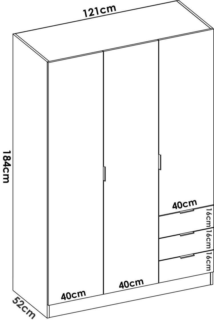 Guardaroba Dbarro, Mobile appendiabiti per camera da letto, Armadio a 3 ante battenti e 3 cassetti, 121x52h184 cm, Rovere