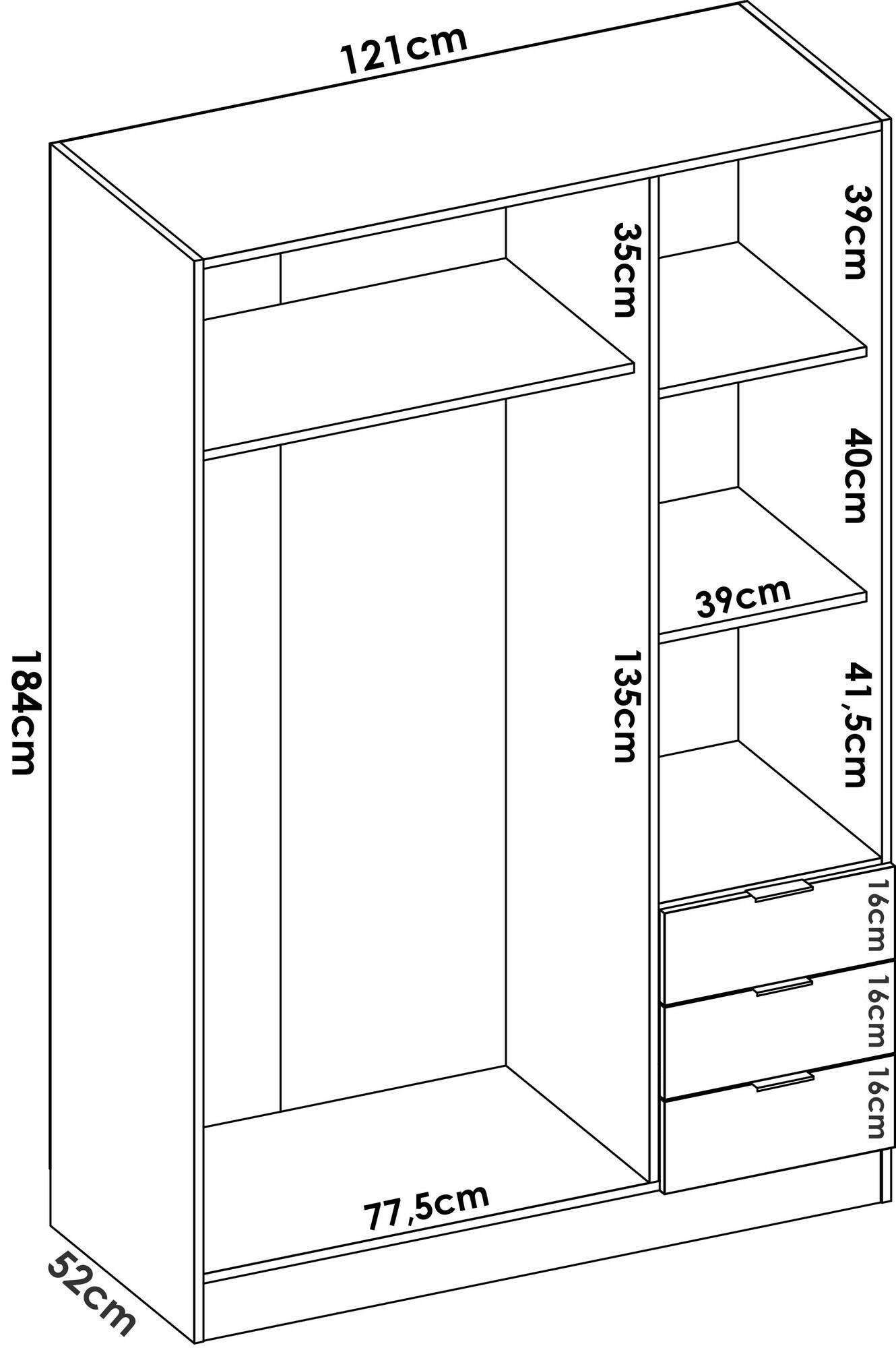 Guardaroba Dbarro, Mobile appendiabiti per camera da letto, Armadio a 3 ante battenti e 3 cassetti, 121x52h184 cm, Rovere