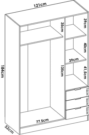 Guardaroba Dbarro, Mobile appendiabiti per camera da letto, Armadio a 3 ante battenti e 3 cassetti, 121x52h184 cm, Rovere