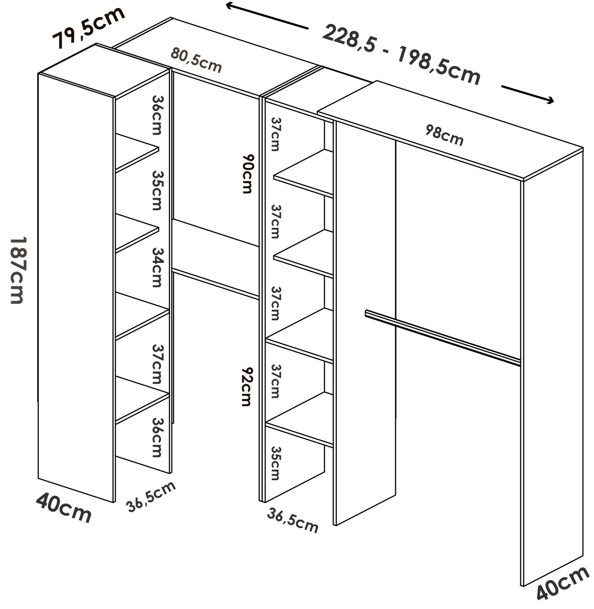 Guardaroba Dmagrin, Struttura per cabina armadio angolare, Mobile appendiabiti aperto ad angolo, 228x79h187 cm, Bianco